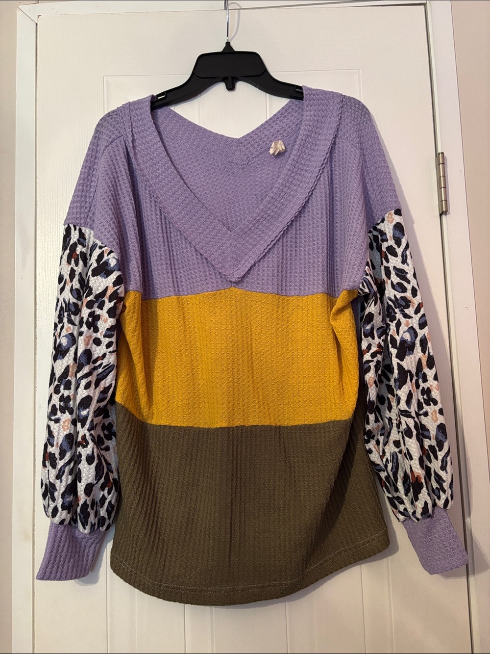 Main Strip Lavender, Mustard & Olive V-Neck Sweater with Leopard Puff Sleeves